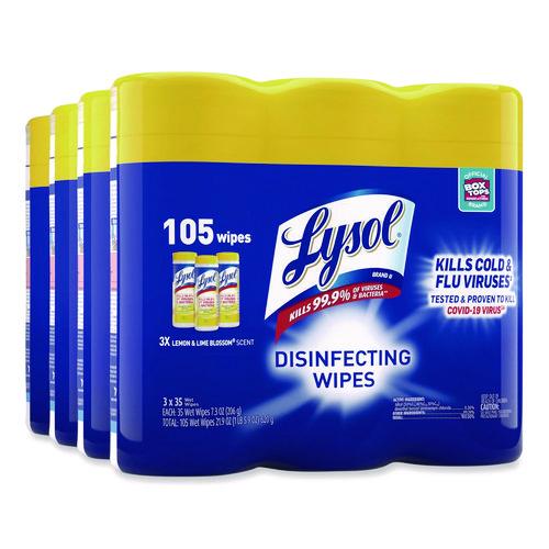 Image of LYSOL® Brand 19200-82159 Disinfecting Wipes, 1-Ply, 7 x 7.25, Lemon and Lime Blossom, White, 35 Wipes/Canister, 3 Canisters/Pack, 4 Packs/Carton