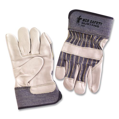 Image of MCR Safety 1935L Mustang Leather Palm Gloves, Gunn Cut, Wing Thumb, Large, Blue/Cream, 12 Pairs