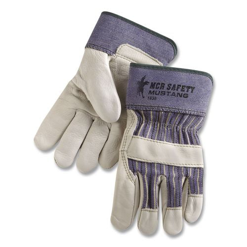 Image of MCR Safety 1935L Mustang Leather Palm Gloves, Gunn Cut, Wing Thumb, Large, Blue/Cream, 12 Pairs