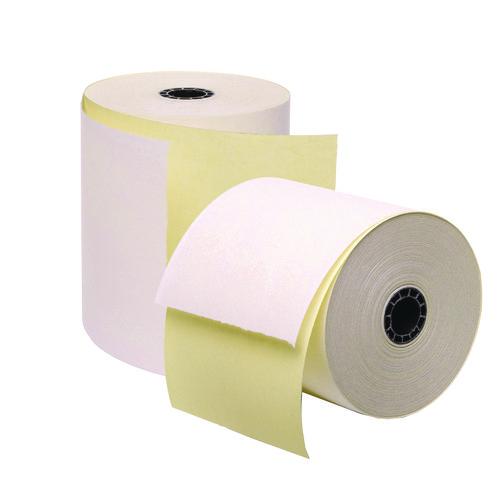 Image of Iconex 7706 Impact Printing Carbonless Paper Rolls with End of Roll Indicator, 3" x 90 ft, White/Canary, 50/Carton