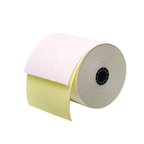 Image of Iconex 7706 Impact Printing Carbonless Paper Rolls with End of Roll Indicator, 3" x 90 ft, White/Canary, 50/Carton