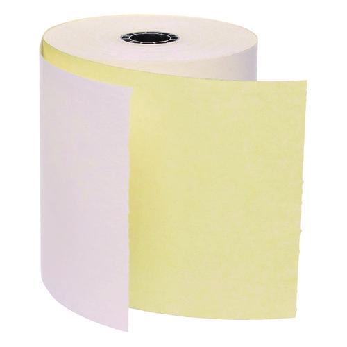 Image of Iconex 7706 Impact Printing Carbonless Paper Rolls with End of Roll Indicator, 3" x 90 ft, White/Canary, 50/Carton