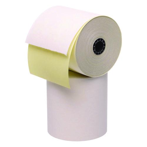 Image of Iconex 7706 Impact Printing Carbonless Paper Rolls with End of Roll Indicator, 3" x 90 ft, White/Canary, 50/Carton