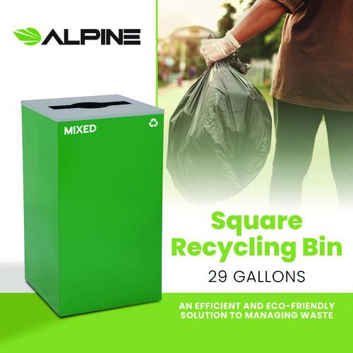 Image of Alpine Industries ALP4450KITGRNMMIX 29 Gallon Trash/Recycling Cans, Steel, Green Mixed Recycling Can with Mixed Lid