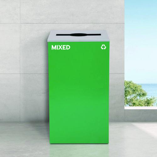 Image of Alpine Industries ALP4450KITGRNMMIX 29 Gallon Trash/Recycling Cans, Steel, Green Mixed Recycling Can with Mixed Lid