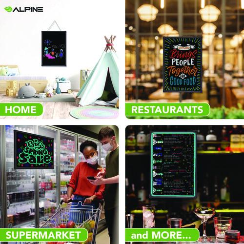 Image of Alpine Industries ALP49503MK LED Illuminated Hanging Message Writing Board, Black 26" x 18" Surface, Black 27.6" x 19.7" Frame