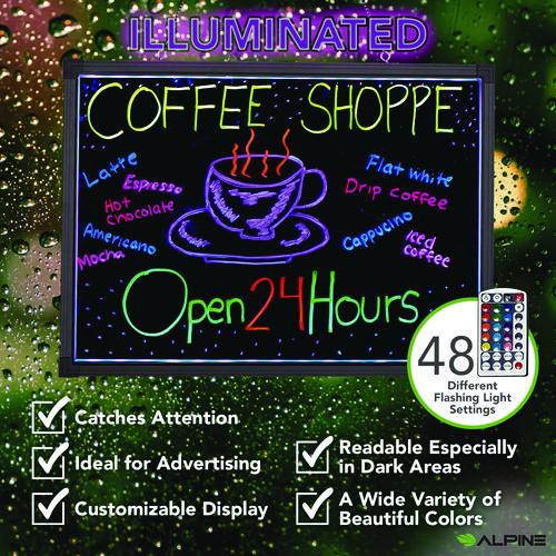 Image of Alpine Industries ALP49503MK LED Illuminated Hanging Message Writing Board, Black 26" x 18" Surface, Black 27.6" x 19.7" Frame