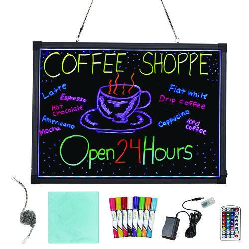 Image of Alpine Industries ALP49503MK LED Illuminated Hanging Message Writing Board, Black 26" x 18" Surface, Black 27.6" x 19.7" Frame