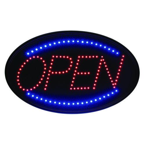 Image of Alpine Industries ALP49702MK LED Oval Open Sign, 23 x 14, Black Frame, Blue/Red Graphics