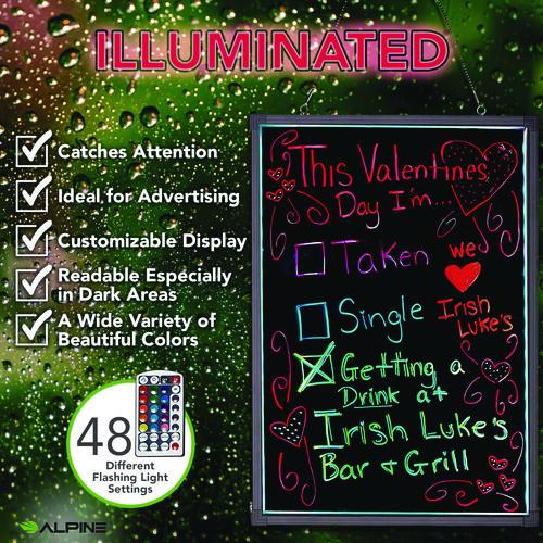 Image of Alpine Industries ALP49504MK LED Illuminated Hanging Message Writing Board, Black 22" x 30" Surface, Black 23.6" x 31.5" Frame
