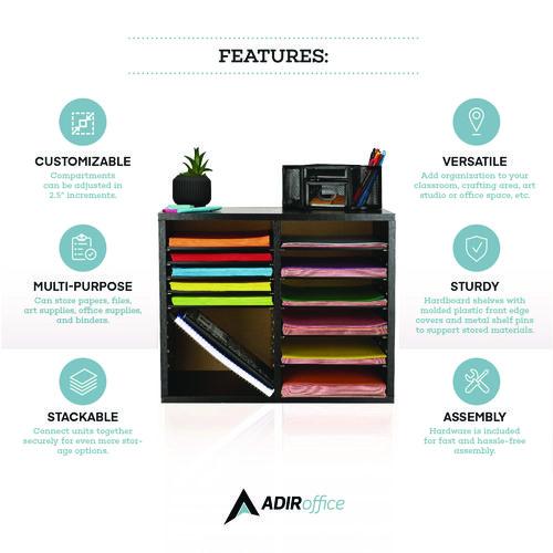 Image of AdirOffice 50012BLKKIT1 Wood Adjustable 12 Compartment Literature Organizer, 12 Sections, Letter Size, 20 x 11.8 x 16.3, Black