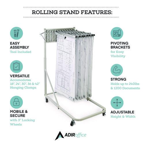 Image of AdirOffice 613KIT1 Blueprint Storage Cabinet Rolling Stand, Assorted Document Sizes Accommodated, 27" x 28.5" to 46.5" x 46" to 66", Gray