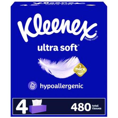 Image of Kleenex® 54316 Ultra Soft Facial Tissue, 3-Ply, White, 120 Sheets/Box, 4 Boxes/Pack, 8 Packs/Carton