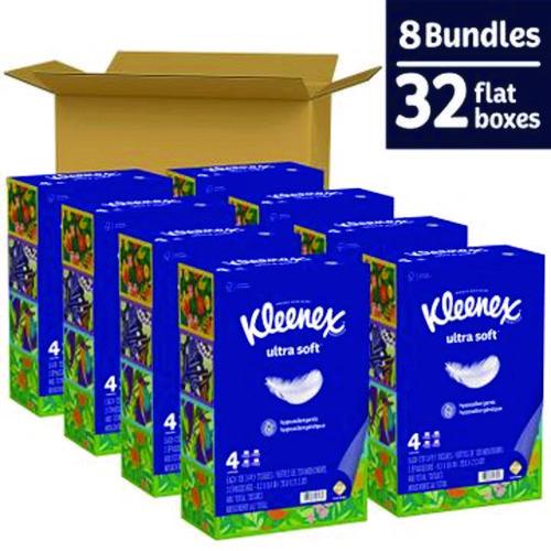 Image of Kleenex® 54316 Ultra Soft Facial Tissue, 3-Ply, White, 120 Sheets/Box, 4 Boxes/Pack, 8 Packs/Carton