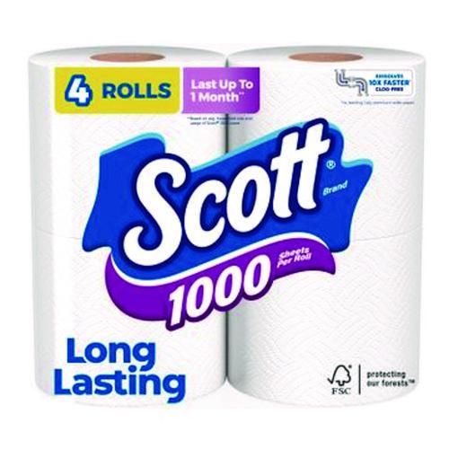 Image of Scott® 10183 1000 Bathroom Tissue, Septic Safe, 1-Ply, White, 1,000 Sheets/Roll, 4 Rolls/Pack, 12 Packs/Carton