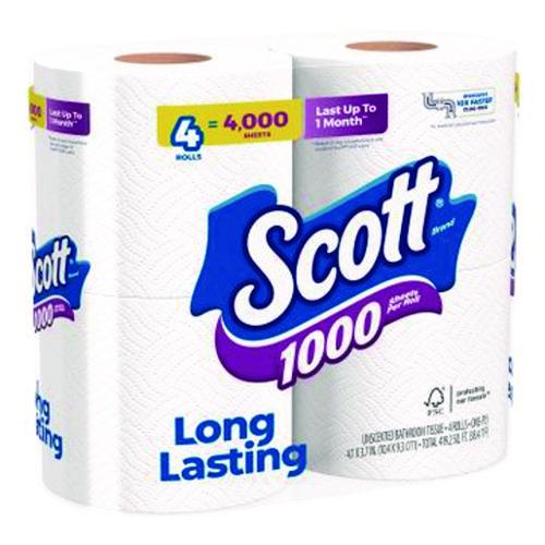 Image of Scott® 10183 1000 Bathroom Tissue, Septic Safe, 1-Ply, White, 1,000 Sheets/Roll, 4 Rolls/Pack, 12 Packs/Carton