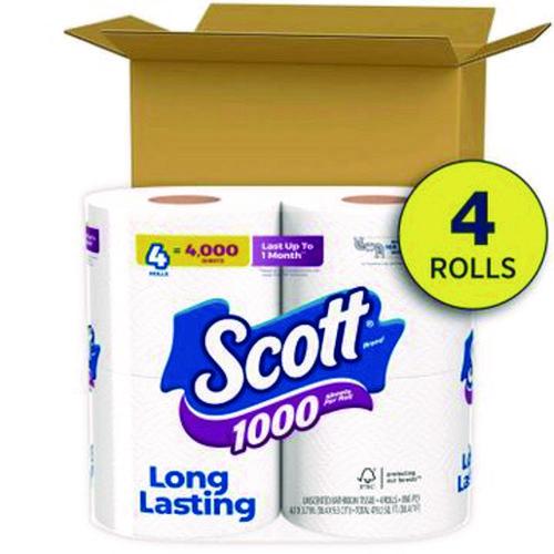Image of Scott® 10183 1000 Bathroom Tissue, Septic Safe, 1-Ply, White, 1,000 Sheets/Roll, 4 Rolls/Pack, 12 Packs/Carton