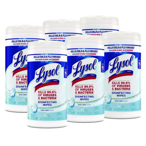 Image of LYSOL® Brand 19200-89346 Disinfecting Wipes, 1-Ply, 7 x 7.25, Crisp Linen, White, 80 Wipes/Canister, 6 Canisters/Carton