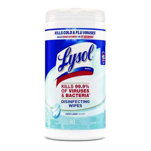 Image of LYSOL® Brand 19200-89346 Disinfecting Wipes, 1-Ply, 7 x 7.25, Crisp Linen, White, 80 Wipes/Canister, 6 Canisters/Carton