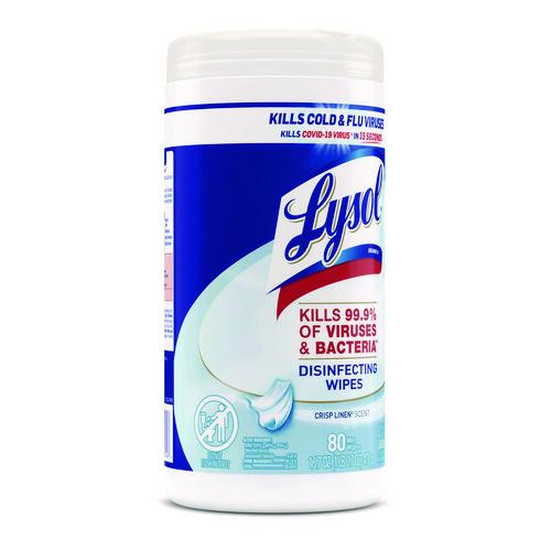 Image of LYSOL® Brand 19200-89346 Disinfecting Wipes, 1-Ply, 7 x 7.25, Crisp Linen, White, 80 Wipes/Canister, 6 Canisters/Carton