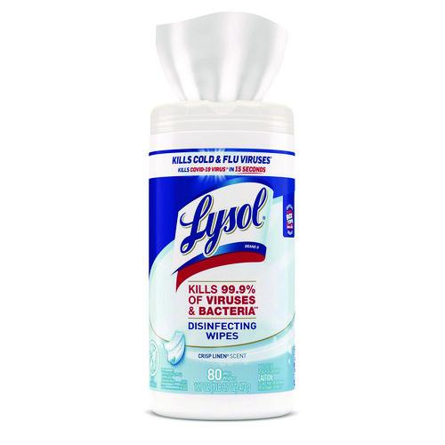 Image of LYSOL® Brand 19200-89346 Disinfecting Wipes, 1-Ply, 7 x 7.25, Crisp Linen, White, 80 Wipes/Canister, 6 Canisters/Carton