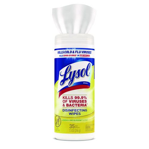 Image of LYSOL® Brand 19200-81145 Disinfecting Wipes, 1-Ply, 7 x 7.25, Lemon and Lime Blossom, White, 35 Wipes/Canister