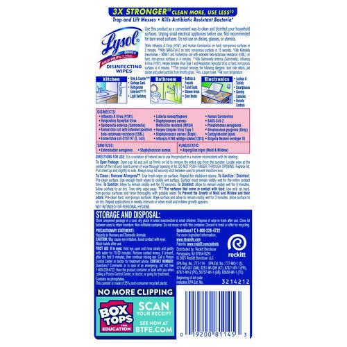 Image of LYSOL® Brand 19200-81145 Disinfecting Wipes, 1-Ply, 7 x 7.25, Lemon and Lime Blossom, White, 35 Wipes/Canister