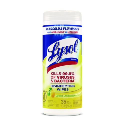 Image of LYSOL® Brand 19200-81145 Disinfecting Wipes, 1-Ply, 7 x 7.25, Lemon and Lime Blossom, White, 35 Wipes/Canister