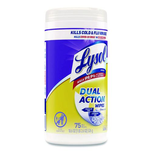 Image of LYSOL® Brand 19200-81700 Dual Action Disinfecting Wipes, 1-Ply, 7 x 7.25, Citrus, White/Purple, 75/Canister