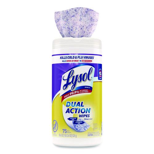 Image of LYSOL® Brand 19200-81700 Dual Action Disinfecting Wipes, 1-Ply, 7 x 7.25, Citrus, White/Purple, 75/Canister
