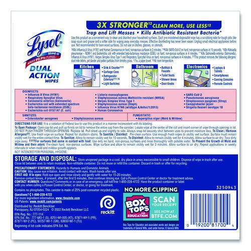 Image of LYSOL® Brand 19200-81700 Dual Action Disinfecting Wipes, 1-Ply, 7 x 7.25, Citrus, White/Purple, 75/Canister