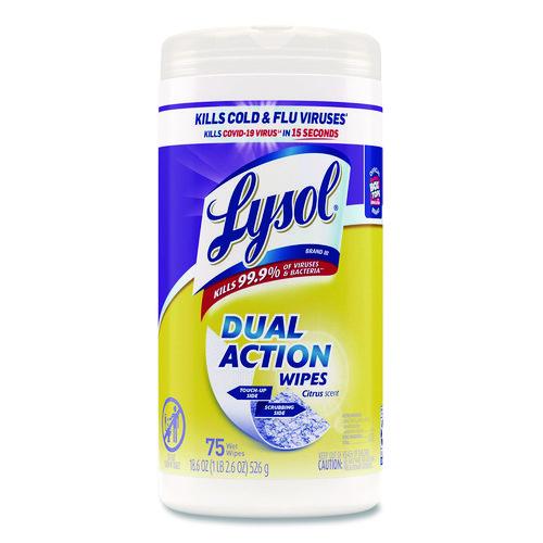 Image of LYSOL® Brand 19200-81700 Dual Action Disinfecting Wipes, 1-Ply, 7 x 7.25, Citrus, White/Purple, 75/Canister