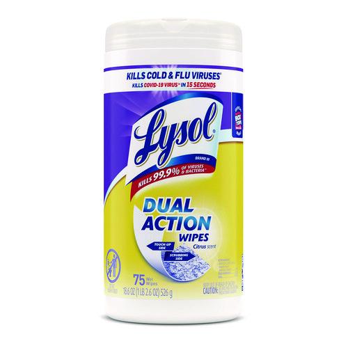 Image of LYSOL® Brand 19200-81700 Dual Action Disinfecting Wipes, 1-Ply, 7 x 7.25, Citrus, White/Purple, 75/Canister, 6 Canisters/Carton