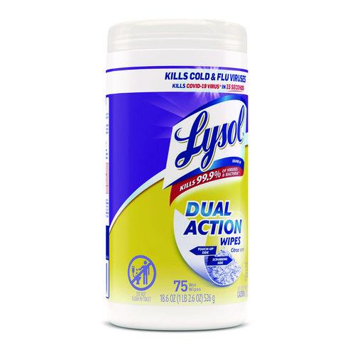 Image of LYSOL® Brand 19200-81700 Dual Action Disinfecting Wipes, 1-Ply, 7 x 7.25, Citrus, White/Purple, 75/Canister, 6 Canisters/Carton