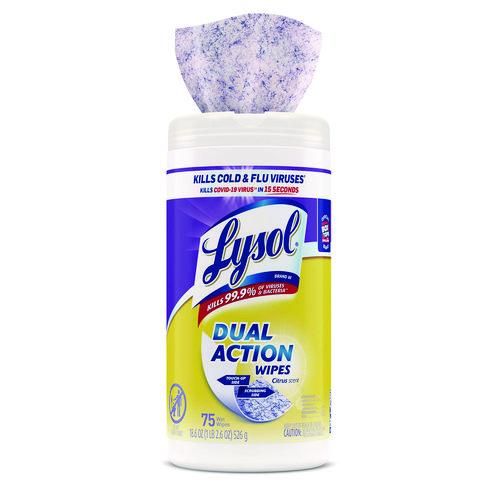 Image of LYSOL® Brand 19200-81700 Dual Action Disinfecting Wipes, 1-Ply, 7 x 7.25, Citrus, White/Purple, 75/Canister, 6 Canisters/Carton
