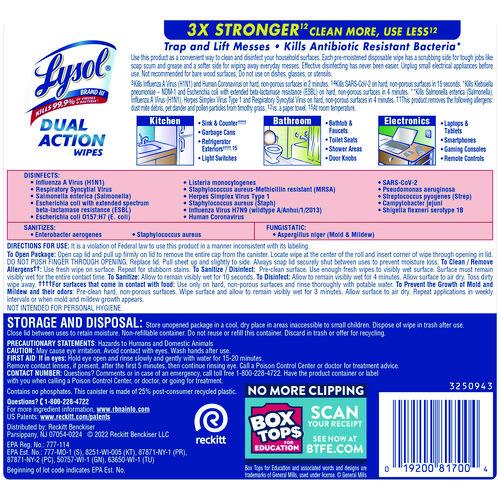 Image of LYSOL® Brand 19200-81700 Dual Action Disinfecting Wipes, 1-Ply, 7 x 7.25, Citrus, White/Purple, 75/Canister, 6 Canisters/Carton