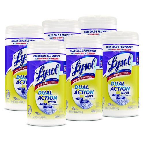 Image of LYSOL® Brand 19200-81700 Dual Action Disinfecting Wipes, 1-Ply, 7 x 7.25, Citrus, White/Purple, 75/Canister, 6 Canisters/Carton