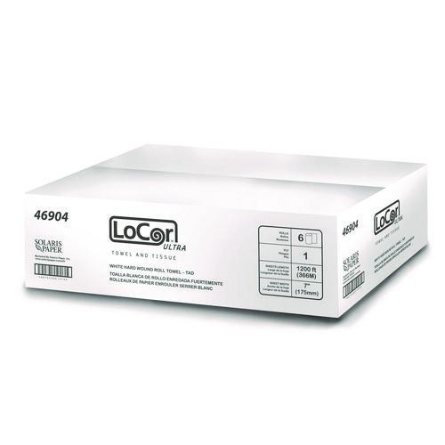 Image of LoCor® 46904 Hard Wound Roll Towel, TAD, 1-Ply, 7" x 1,200 ft, White, 6 Rolls/Carton