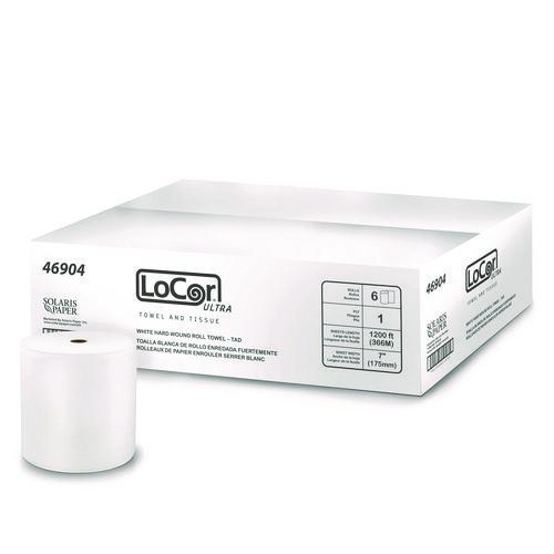 Image of LoCor® 46904 Hard Wound Roll Towel, TAD, 1-Ply, 7" x 1,200 ft, White, 6 Rolls/Carton
