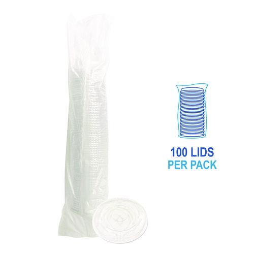 Image of Boardwalk® BWKPET912STRAWPK PET Cold Cup Straw-Slot Lids, Fits 9 oz Squat/12 oz Cold Cups, Plastic, Clear, 100/Pack