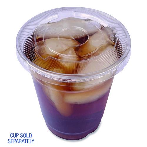 Image of Boardwalk® BWKPET912STRAWPK PET Cold Cup Straw-Slot Lids, Fits 9 oz Squat/12 oz Cold Cups, Plastic, Clear, 100/Pack