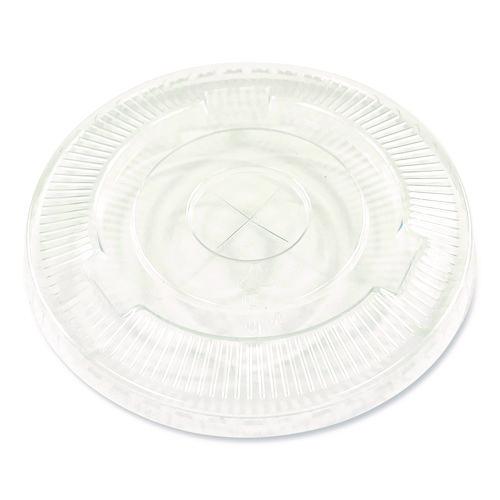 Image of Boardwalk® BWKPET912STRAWPK PET Cold Cup Straw-Slot Lids, Fits 9 oz Squat/12 oz Cold Cups, Plastic, Clear, 100/Pack