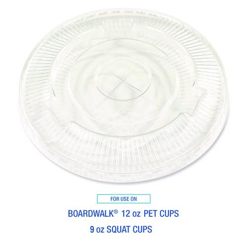 Image of Boardwalk® BWKPET912STRAW PET Cold Cup Straw-Slot Lids, Fits 9 oz Squat/12 oz Cold Cups, Plastic, Clear, 1,000/Carton