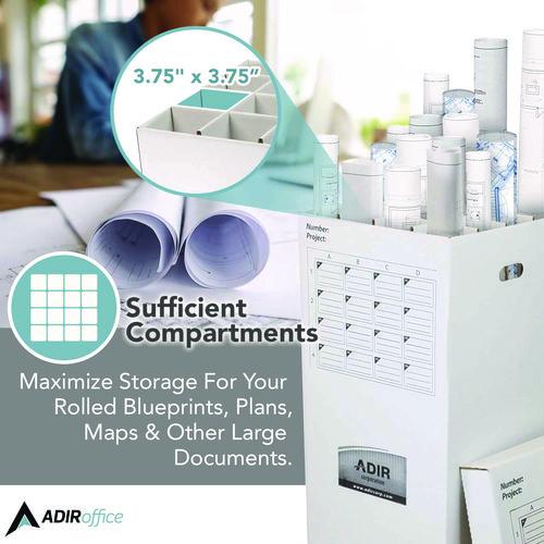 Image of AdirOffice 623KIT1 16 Slot Blueprint Rolled File Upright Storage Box, 16 Compartments, 17.5 x 17.5 x 37, White