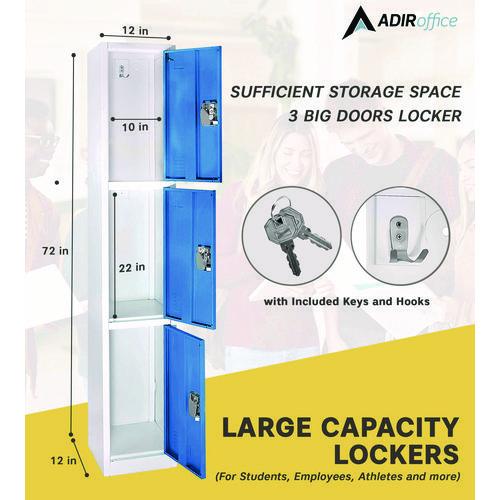 Image of AdirOffice ADI629203BLUPKG1 Steel Storage Locker, 3 Compartment, 12 x 12 x 72, Blue