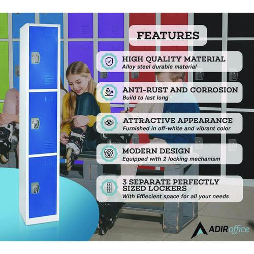 Image of AdirOffice ADI629203BLUPKG1 Steel Storage Locker, 3 Compartment, 12 x 12 x 72, Blue