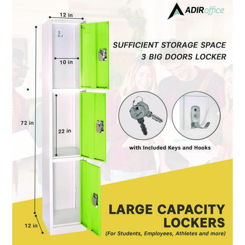 Image of AdirOffice ADI629203GRN Steel Storage Locker, 3 Compartment, 12 x 12 x 72, Green