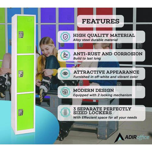 Image of AdirOffice ADI629203GRN Steel Storage Locker, 3 Compartment, 12 x 12 x 72, Green