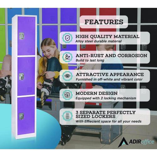 Image of AdirOffice ADI629203PURPKG1 Steel Storage Locker, 3 Compartment, 12 x 12 x 72, Purple