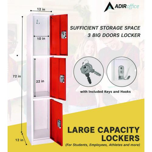 Image of AdirOffice ADI629-203REDPKG-1 Steel Storage Locker, 3 Compartment, 12 x 12 x 72, Red